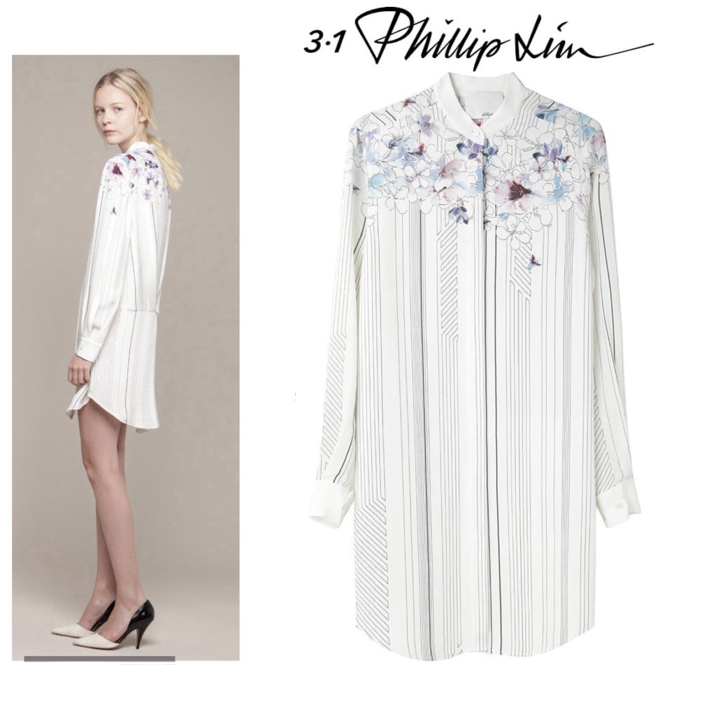 3.1 Phillip Lim Floral Shirtdress Long Sleeve Flower Geometric Design 100% Silk